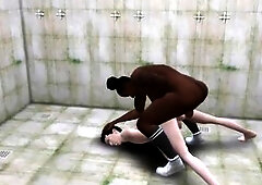 Brawny Ebony Tgirl Destroys White Male's Butt in Gym's Showers