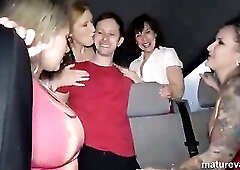 Wicked matures are about to have group sex with a younger dude, in a van