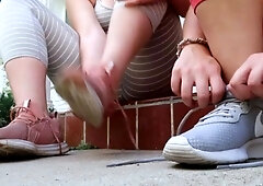 Busty brunette foot fetish and footjob in nylons