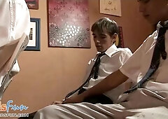 Cute twink students team up to blow their teacher