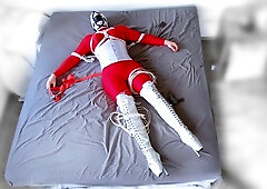 Crimson catsuit white footwear selfbondage