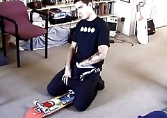 Skater christens his new board by dropping a load of jizz on it