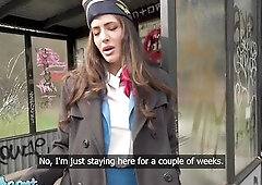 Public Agent - Large titties brunette hair air hostess Coco Bae POV oral pleasure sexy sex outdoors fast hard screw