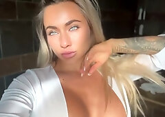 Michaela Isizzu enjoys a powerful shower orgasm with water teasing her clit