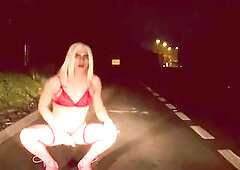 Slim tgirl flashing in underware outdoor