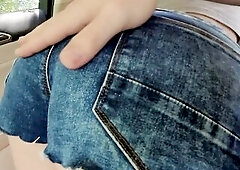 Touching Sexy Brunette hair in Short Shorts after Picking Her Up