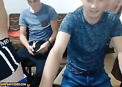 Three friends have fun chatting show ass jerk