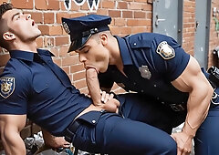Musclebound officers go wild with wet group sex and faces showered by goopy mass ejaculation