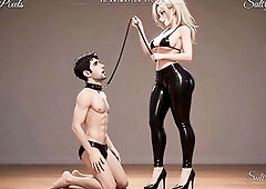 This tall curvy golden-haired in shiny latex keeps her slender bearded dude in a collar and holds his leash with a playful smile. That babe guides him