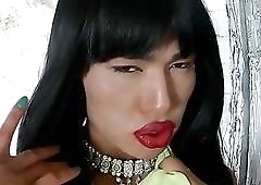 Playful Russian shemale strokes her little cock just for you