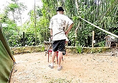 Strangers chat at the campsite, and the gal accedes to suck him off; then they begin having sex standing up with her facing away, and this babe rides 