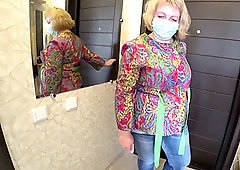 I came to visit my girlfriend, and she fucked me with a strapon, milf in milky panties doggystyle shaking a giant rump.