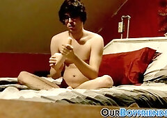 Geeky lad enjoys dildo buttfuck and jerking off in his parents' bed