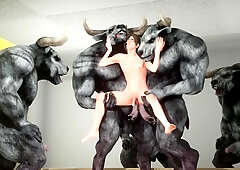 5 immense wooly minotaurs and one white man, rage clones