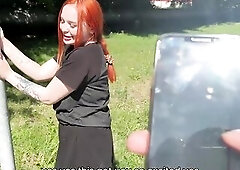 Red head supplicates wang and cum in crowded space