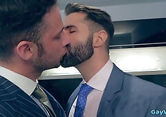 Watch this muscular hunk take a facial after getting his ass drilled and face covered in cum