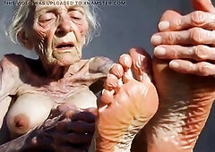 Excited granny oils her feet and indulges in a lengthy, slippery foot massage. What begins as effortless foot care quickly turns into pure joy as that