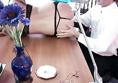 Golden-haired secretary with a large butt in underware having sex with her boss whilst wearing glasses