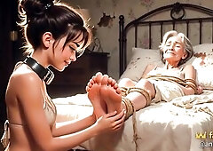 Fastened elderly woman has her feet licked by a marvelous gal. The hotty sucks her toes and licks her soles with complete devotion during the time tha