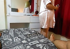 Blonde girlfriend drops her robe and takes her boyfriend deep in the bedroom