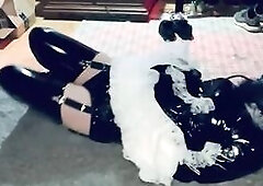 Latex Hooded Sissy Maid Left Tied and Gagged