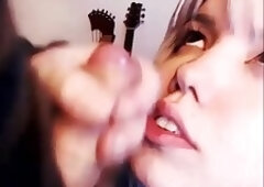 Hot cocksucker babe takes a facial cumshot by a shemale