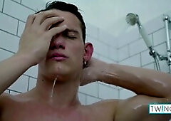 Ripped Luke shows off his post-shower glow with massive abs and a cum drop