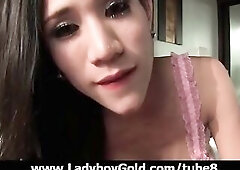 Ladyboy Aem jerks off all over u leg and licks up her own cum. Aem is hungry for greater amount and gives a hawt oiled POV tugjob.