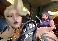 Emma Frost with her big milky breasts gives a blowjob to Futa Psylocke for some cum in a wild futa-on-futa action