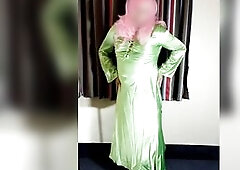 Sex crossdresser Nottstvslut in superhot liquid satin green costume. Sexy satin fetish