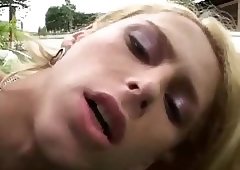 Blonde TS Fucked in Garden
