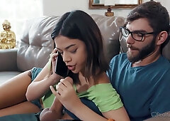 Harmony Wonder And Logan Long - Pleasuring Bearded Guy On Leather Couch