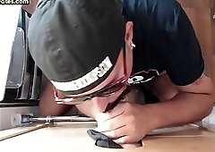 Gloryhole amateur DILF sucking penis till cum in mouth end