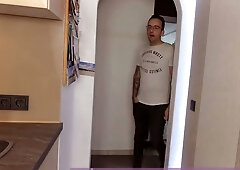 Skinny German brunette gets a creampie in the kitchen and eats it off toast
