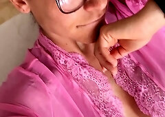 Amateur busty brunette masturbates and does hand job