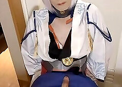 Cosplayer with a plug inserted