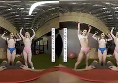 Cute babes, Diana Grace, Emma Starletto, and Laney Grey, squat on a hard cock at T