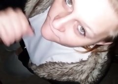 Amateur blue eyed brunette MILF does her best while blowing strong cock