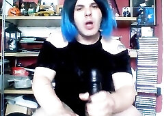 Trans beauty sucks and rides large ebony vibrator then does butt to throat.