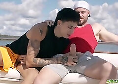 Best buds Marcus McNeil and Angel Elias decide to jerk off together on the boat
