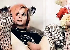 Big tit shemale jerks her long cock