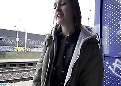 Public Agent Teach Station smoker gets her melons out to pay the priceless