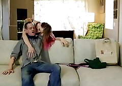 Skinny tattooed tgirl Freya Wynn anal pounded on the couch