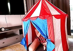 Hawt and excited brunette hair wench likes to give creamy and oily handjobs to dongs in a tent within a uniform miniskirt