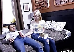 This cute nerdy honey came to study with her boyfriend, but ended up at his neighbour's place sucking his ramrod and letting him screw her with n