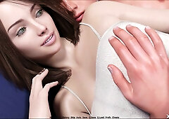 Brunelette in white top teases through jeans before giving a slow handjob on the blue couch