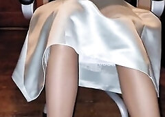 Silver lined party formal suit with a white silky half slide and glossy hose. Silky raiment lining