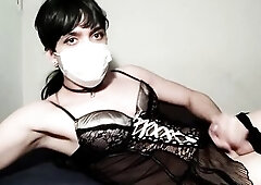 Sissy Femboy enjoying and rubbing wang in ebony underware untill cumming.