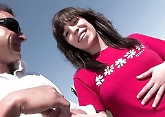 Glamorous Italian teen gets drilled on a mountain and in a forest in various poses and gets a load all in her throat.