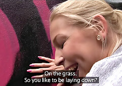 Big-titted blonde gets her tight pussy pounded in public by a lucky dude